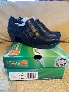 easy street Black Leather Heeled Slip-On Loafers with Dual Buckles